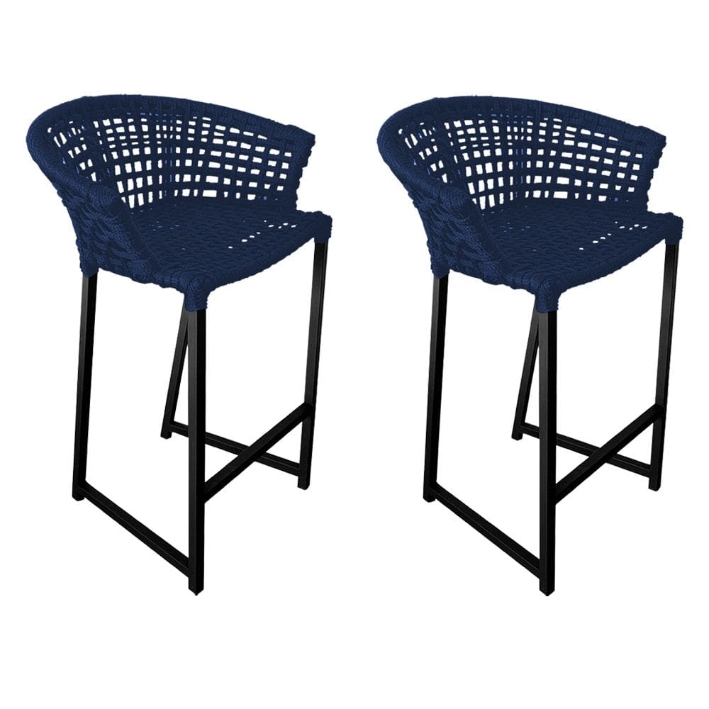 Kit 2 Banquetas Reis em Corda Náutica e Base em Alumínio Preta para Área Gourmet  Azul Marinho