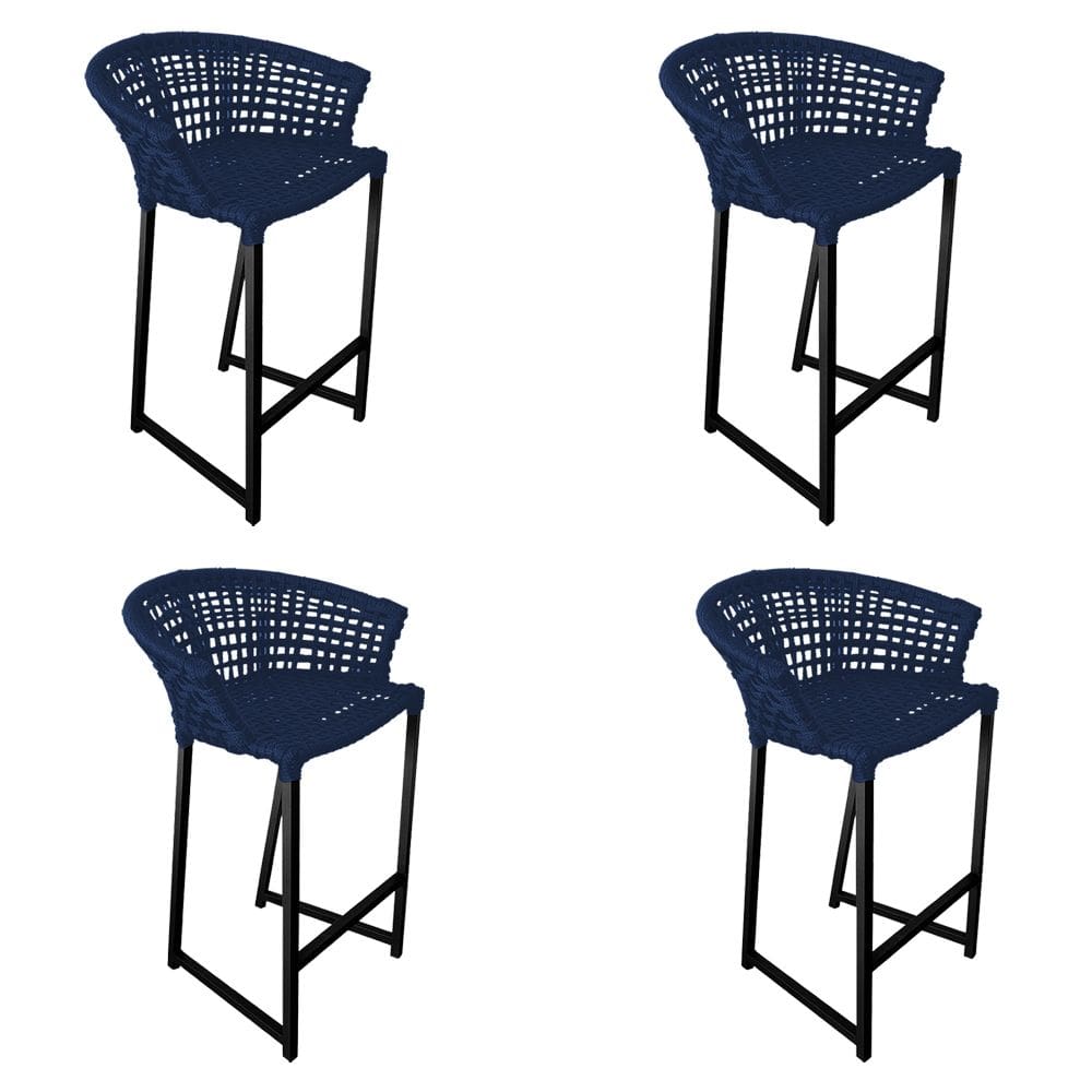 Kit 4 Banquetas Reis em Corda Náutica e Base em Alumínio Preta para Área Gourmet Azul Marinho