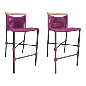 Kit 2 Banquetas Anne em Corda Náutica Base em Alumínio Preta com Detalhe em Madeira Rosa