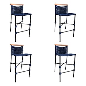 Kit 4 Banquetas Anne em Corda Náutica Base em Alumínio Preta com Detalhe em Madeira Azul Marinho