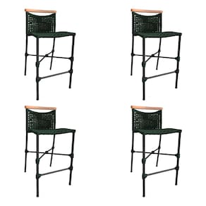Kit 4 Banquetas Anne em Corda Náutica Base em Alumínio Preta com Detalhe em Madeira Verde Musgo