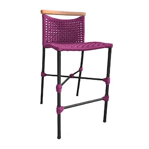 Banqueta Anne em Corda Náutica Base em Alumínio Preta com Detalhe em Madeira Rosa