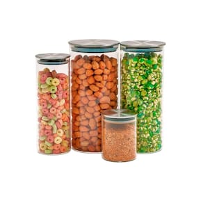 Kit 4 potes de vidro com tampa inox hermético 210ml, 550ml, 950ml e 1,7L - Tud