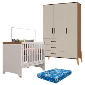 Berço Americano Retro Maya e Guarda Roupa Infantil Emilly 3 Portas Off White Carvalho com Colchão Ortobom - Canaã