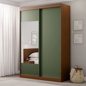 Guarda-roupa Solteiro 2 Portas 1 Porta com Espelho Samambaia Cabecasa Madeiramadeira Freijó/Verde