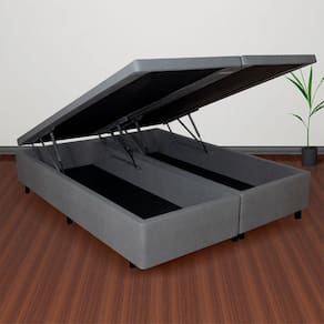 Cama Baú Queen em Courino 158cm X198cm Madeira em Eucalipto Cinza