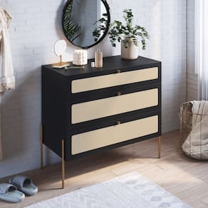 Cômoda 3 Gavetas Palhinha Pé Metal Oslo Nero/Dourado