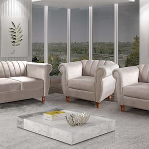 Conjunto Realeza Sofá com Poltronas Chesterfield Decoração Bege Claro