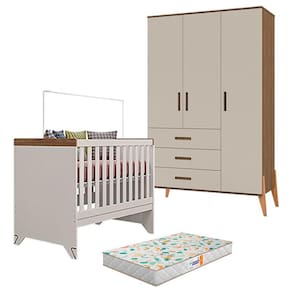 Berço Americano Retro Maya e Guarda Roupa Infantil Emilly 3 Portas Off White Carvalho com Colchão Gazin - Canaã