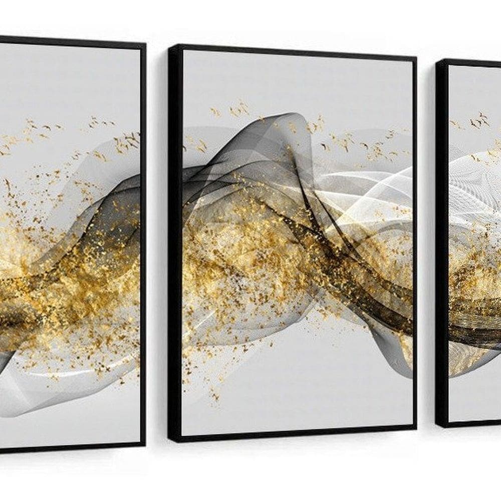 Kit 3 Quadros Decorativos Dourado Efeito Ondas Luxo Sala 60x40 Vinil Colorido