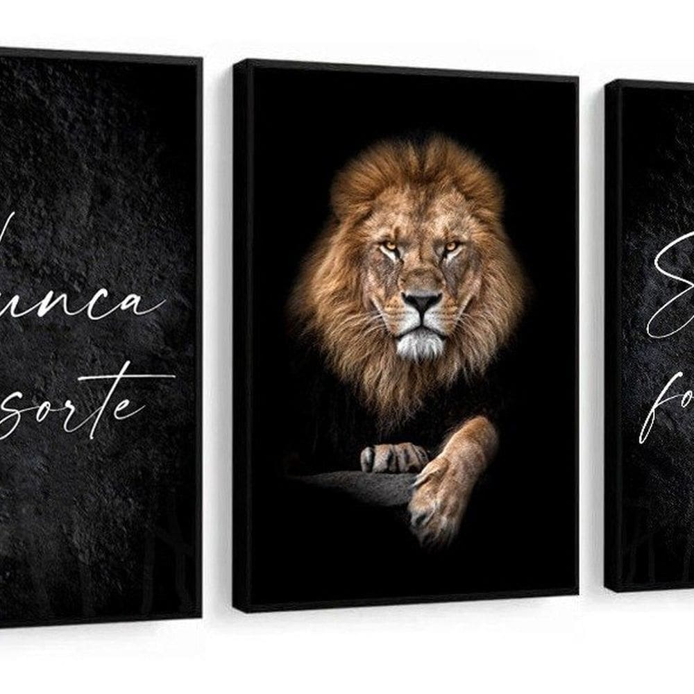 Kit 3 Quadros Decorativos Leão Frase Nunca Foi Sorte P Sala 60x40 Vinil Colorido