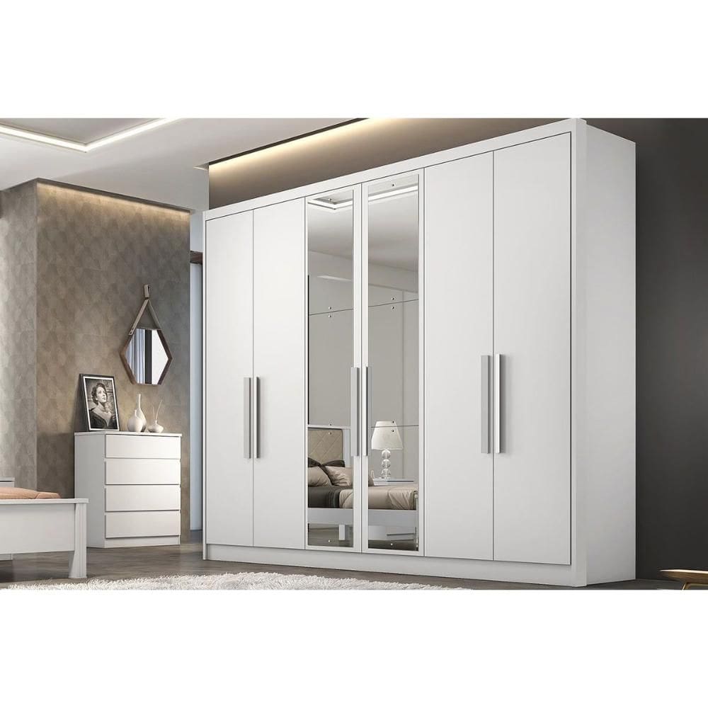 Guarda Roupa Casal 6 Portas e 4 Gavetas c/ Espelho Rizon/Linea Branco - Novo Horizonte