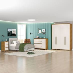 Quarto Guarda Roupas 4 Portas Cômoda 4 Gavetas 1 Porta 1 Mesa de Cabeceira 3 Gavetas Freijó/Off White