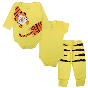 Kit Body Bebê Longo e Curto Algodão Amarelo Estampado Menino