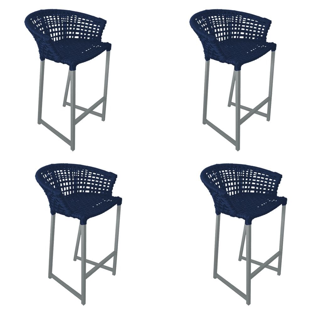 Kit 4 Banquetas Reis em Corda Náutica e Base em Alumínio Cinza para Área Gourmet Azul Marinho