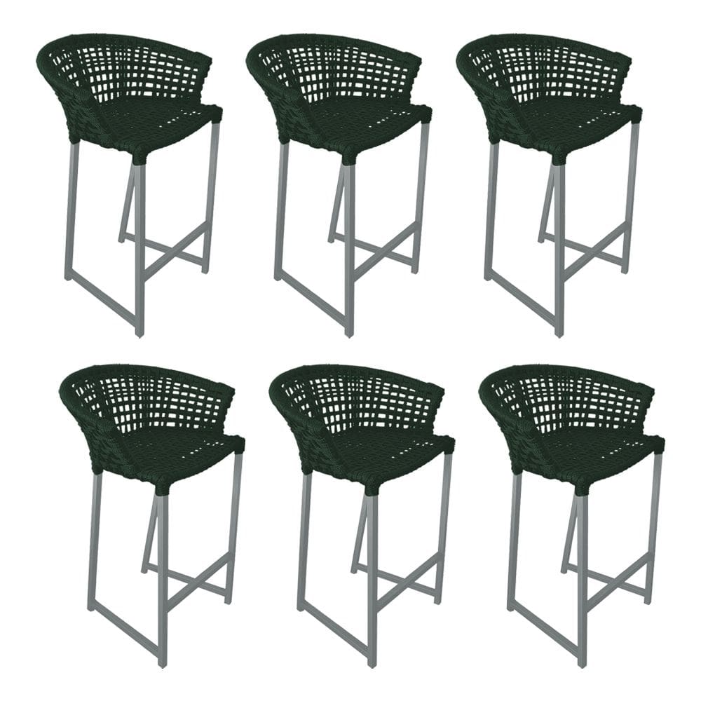 Kit 6 Banquetas Reis em Corda Náutica e Base em Alumínio Cinza para Área Gourmet  Verde Musgo