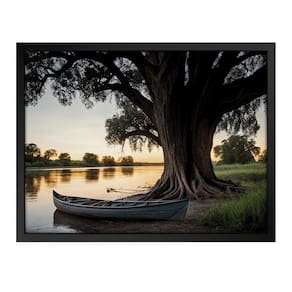 Quadro 60cm X 80cm Paisagem Barco e Árvore Tropical Artes Preto