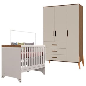 Berço Americano Retro Maya com Guarda Roupa Infantil Emilly 3 Portas Off White Carvalho - Canaã