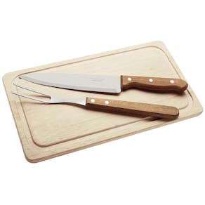 Kit Churrasco Tramontina Faca Chef 8` Garfo Trinchante Tábua Madeira Natural Aço Inox 3pçs