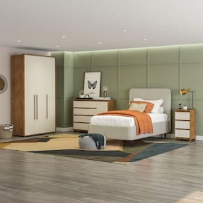 Quarto Guarda-Roupa 3 Portas Cômoda 4 Gavetas 1 Porta 1 Mesa de Cabeceira 3 Gavetas Freijó/Off White