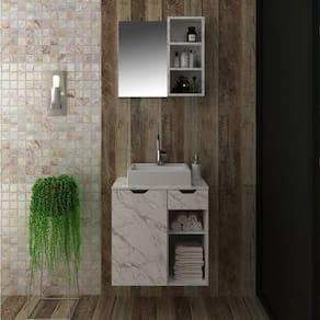 Conjunto de Banheiro com Gabinete Suspenso 60cm e Espelheira com 3 Nichos Mármore/Branco