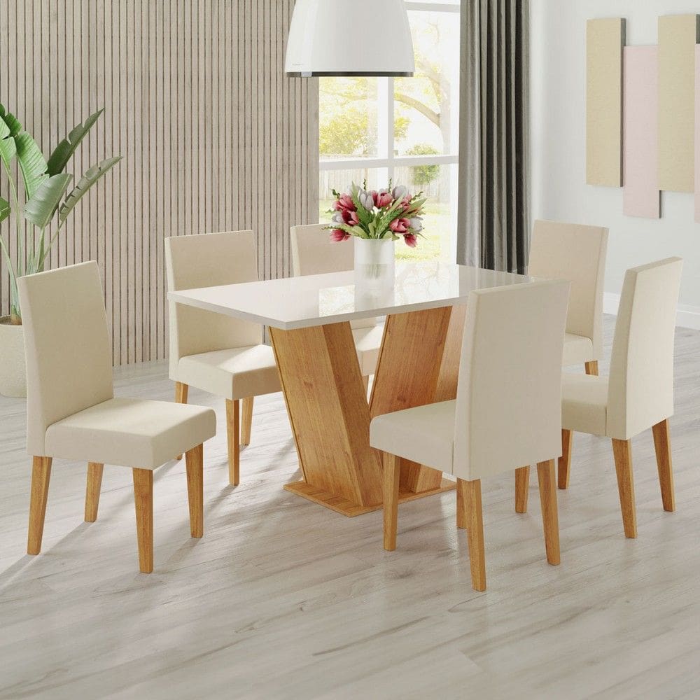 Mesa de Jantar 6 Lugares Franca Marrom/Off White/Veludo Pastel - Viero Móveis