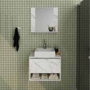 Conjunto de Banheiro com Gabinete Porta Basculante 60cm e Espelheira 1 Prateleira Mármore/Branco
