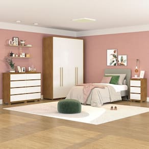 Quarto Guarda-Roupa 4 Portas Cômoda 8 Gavetas 1 Mesa de Cabeceira 3 Gavetas Freijó/Off White