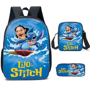 Conjunto de mochilas de poliéster casual Stitch para adolescentes, 3 peças
