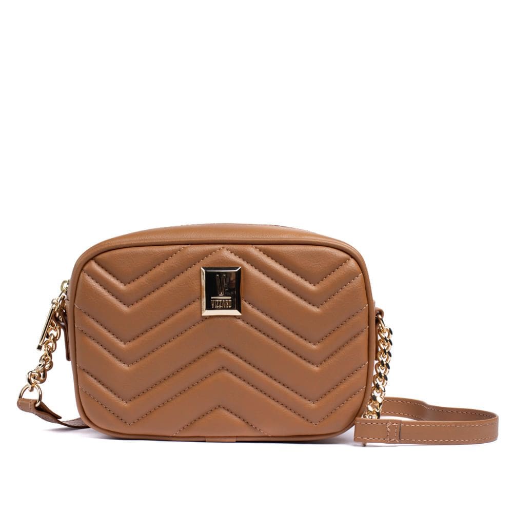 Bolsa Feminina Vizzano Napa Transversal Pequena Matelassê Detalhe Correntes Caramelo