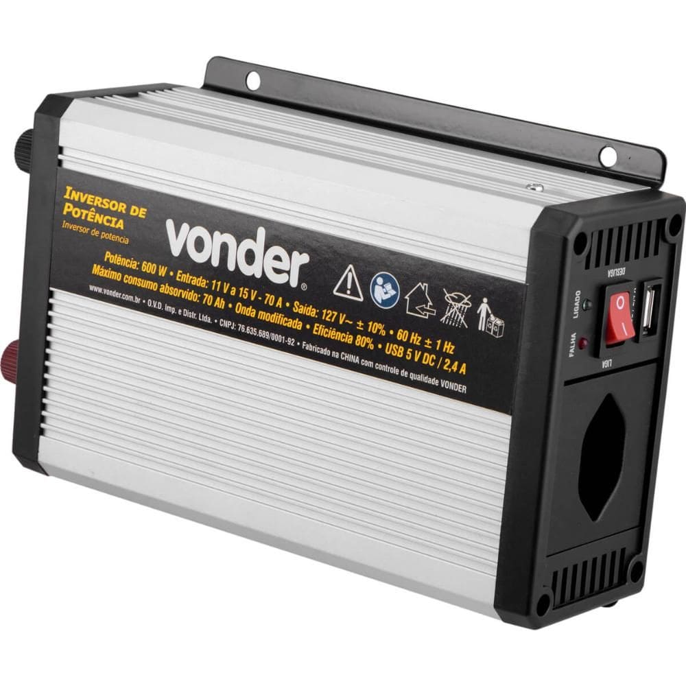 Inversor de Potência Automotivo 600W 12V DC para 127V Vonder Converte CC em CA