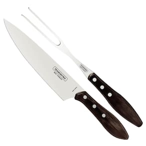 Kit Churrasco Garfo e Faca 8` Tramontina Jogo Trinchante Aço Inox Madeira Polywood Castanho