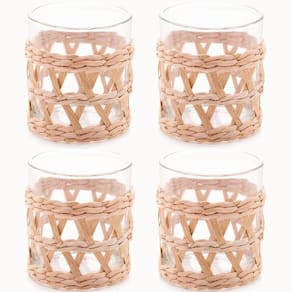 Conjunto 4 Copos de Vidro Wolff Baixos com Sisal 320ml Fibra Natural Mesa Posta Rústica