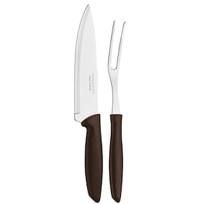 Jogo Faca Churrasco 7` e Garfo Trinchante Tramontina Plenus Aço Inox Cabo Marrom