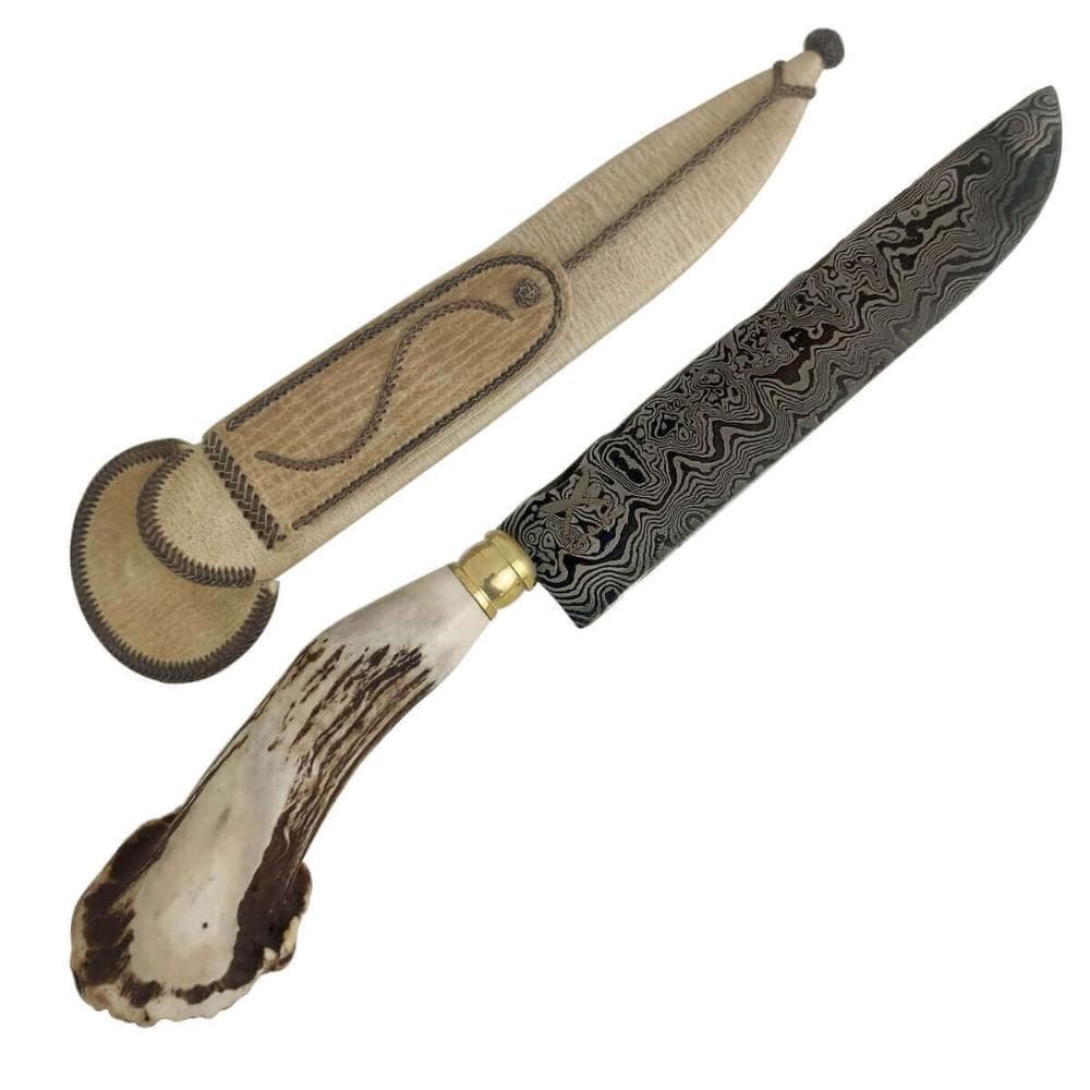 Faca Chifre de Cervo Roseta Aço Damasco 10` Churrasco Artesa
