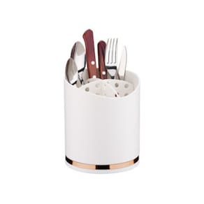 Porta Utensílios Em Plástico Eleganza 13x15cm Future Branco e Cromado