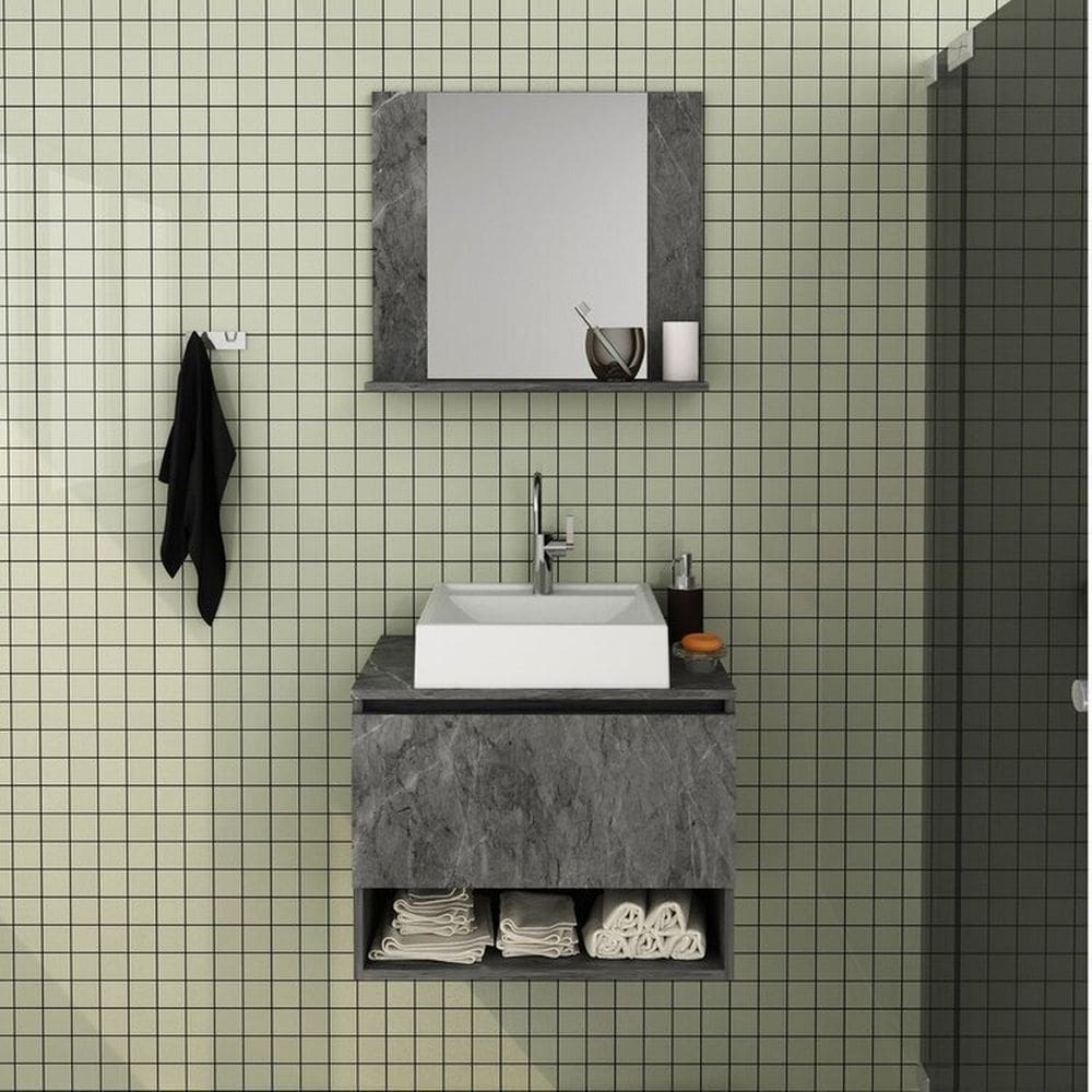 Conjunto de Banheiro com Gabinete Porta Basculante 60cm e Espelheira 1 Prateleira Mármore Lunar