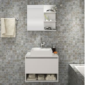 Conjunto de Banheiro com Gabinete Porta Basculante 60cm e Espelheira 3 Prateleiras Branco