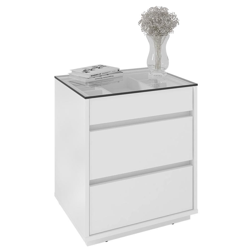 Mesa de Cabeceira Quarto Belize 3 Gavetas e Tampo de Vidro