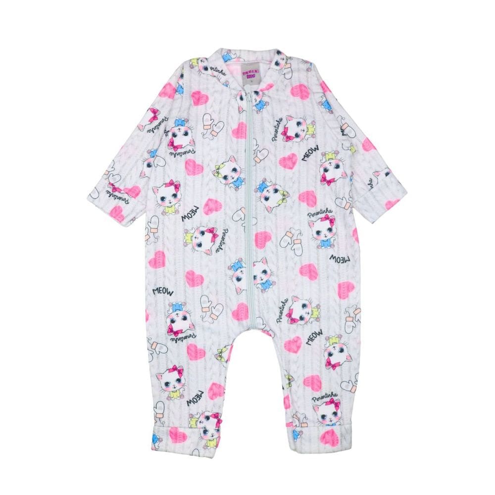 Macacão Bebê Menina Soft Gatinha Branco Rosa Inverno Pelucia