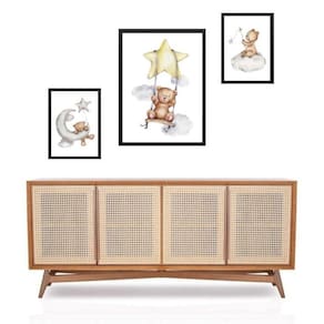 Set 3 Quadros Ursinhos Nuvens Estrelinhas - Com Vidro