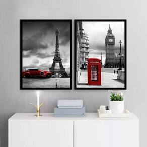 Kit 2 Quadros Paris E Londres - Vermelhos 33X24Cm - Vidro