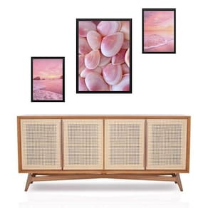 Set 3 Quadros Praia Cor De Rosa - Com Vidro