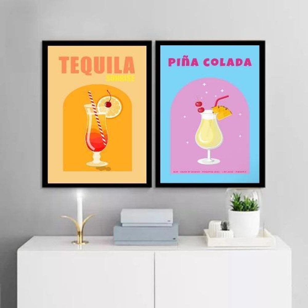 Kit 2 Quadros Bar - Coquetéis Alcoólicos 24X18Cm - Com Vidro