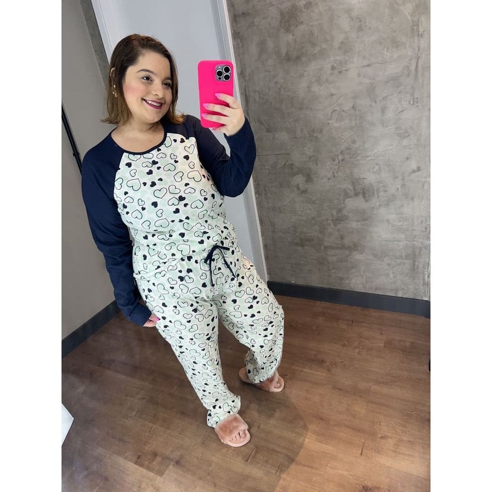 kit 2 pijamas em algodão manga longa Inverno Estampado gatinho e coração