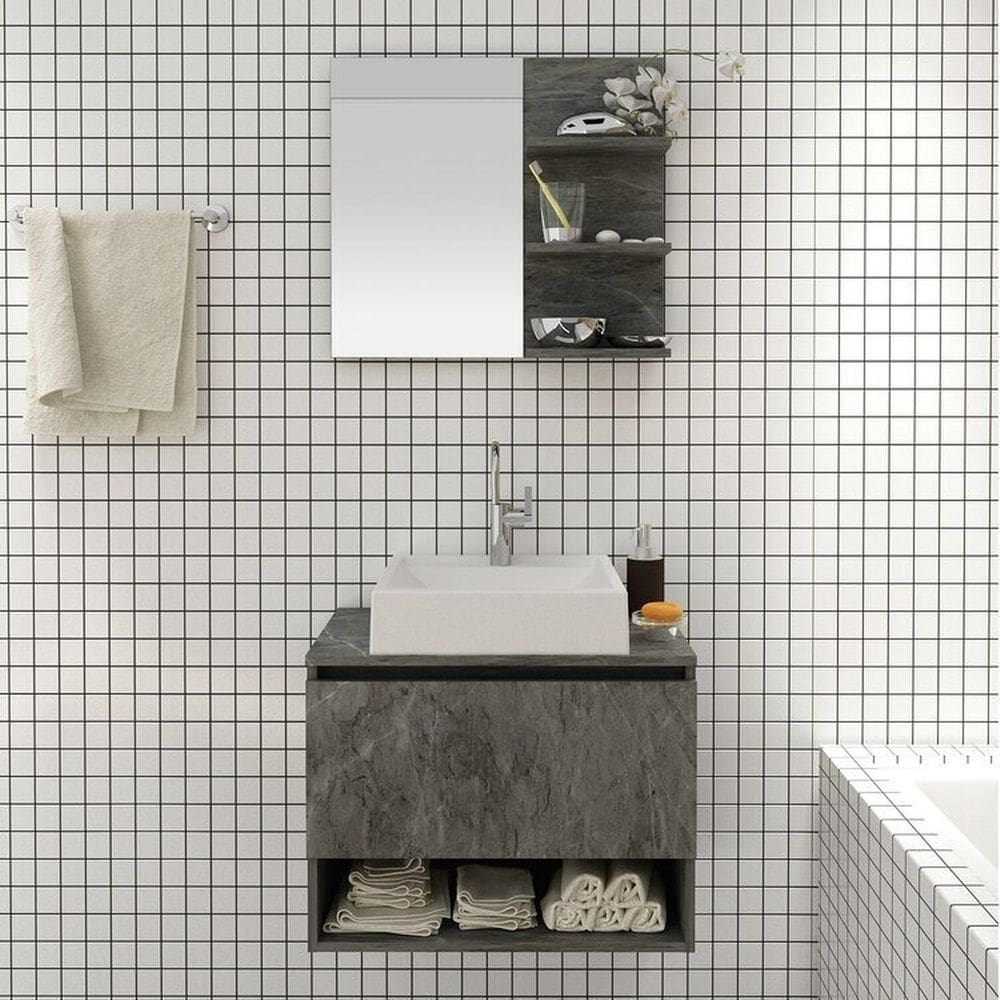 Conjunto de Banheiro com Gabinete Porta Basculante 60cm e Espelheira 3 Prateleiras Mármore Lunar