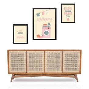 Set 3 Quadros Lavanderia Cor De Rosa - Com Vidro