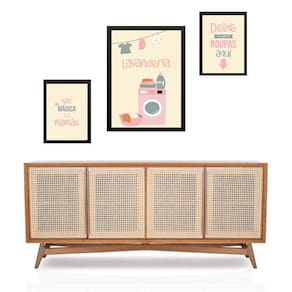 Set 3 Quadros Lavanderia Cor De Rosa - Com Vidro