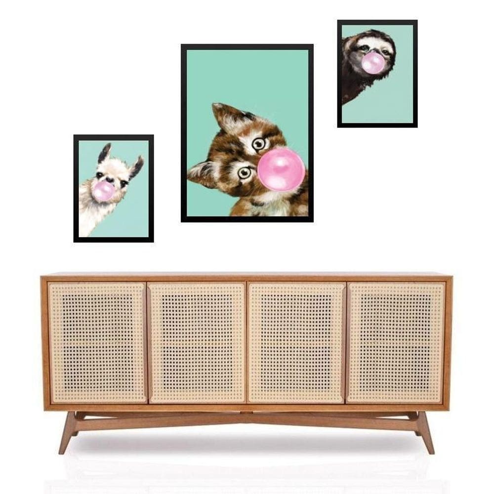 Set 3 Quadros Animais Bubble Gum Verde - Com Vidro