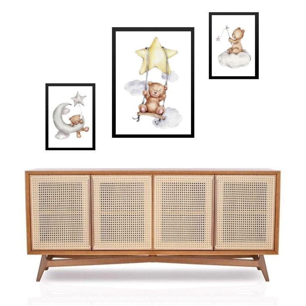 Set 3 Quadros Ursinhos Nuvens Estrelinhas - Com Vidro